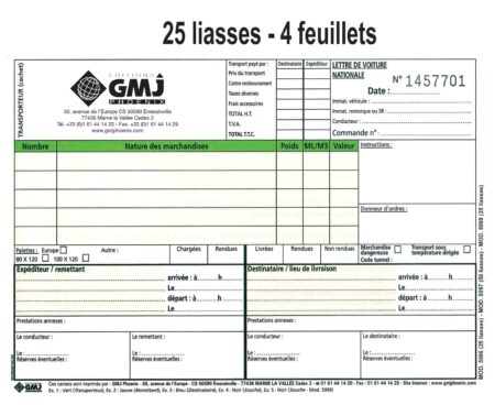 Lettre de voiture nationale - 25 liasses 4 feuillets personnalisées 5096NR