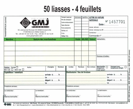 Lettre de voiture nationale - 50 liasses 4 feuillets personnalisés 5097NR