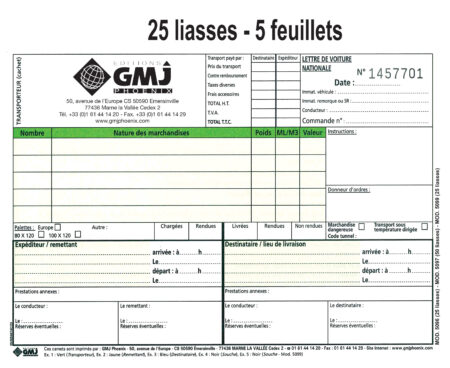 Lettre de voiture nationale - 25 liasses 5 feuillets personnalisées 5099NR