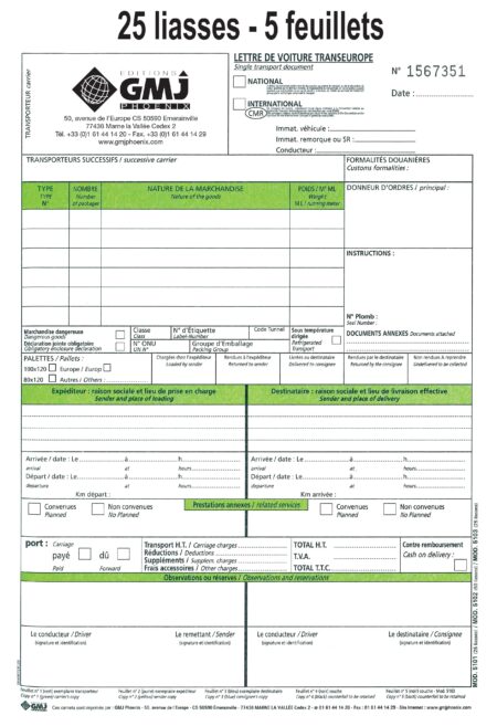 Lettre de voiture transeurope - 25 liasses 5 feuillets personnalisées 5103NR